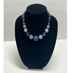 Fashion Jewelry Necklace, Blue and Silver Tone Beads, Silver Tone Chain, 18"